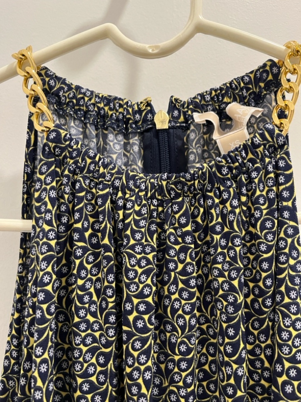 Michael Kors dress Navy and Yellow Patterned with Gold Chain Trim